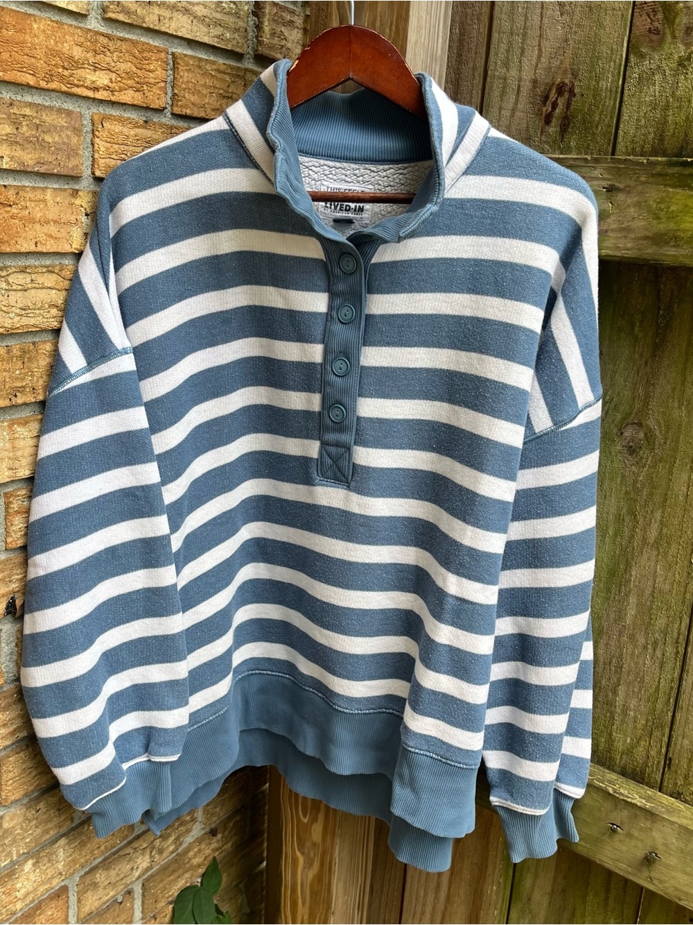 American Eagle Outfitters Blue and White Striped Henley Crewneck Sweater